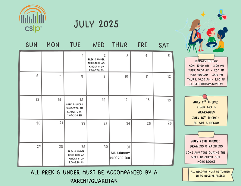 July 2025 Summer Reading Calendar